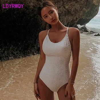 LDYRWQY 2021 yeni Kore moda muhafazakar kapak göbek beyaz sling aç geri yüksek bel tek parça bikini mayo