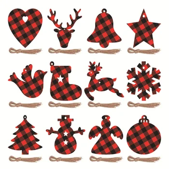 10 ADET 8CM Buffalo Kırmızı Siyah Ekose Noel Ahşap Süsler Ahşap Dilimleri Halatlar ile DIY El Sanatları için noel asılı dekorlar