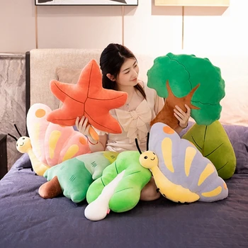 Komik Sırt Yastıkları Kawaii Çam Akçaağaç Yaprağı Kelebek Sebze Bitki peluş oyuncak Çocuk Kız Bebek Odası Dekor Sevimli Atmak Yastık Hediye