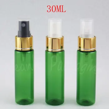 30ML Yeşil Düz Omuz Plastik Şişe Altın Sprey Pompası, 30CC Makyaj Su / Toner Alt şişeleme, Boş Kozmetik Konteyner