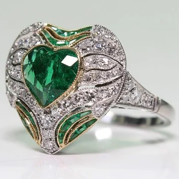 Moda Lüks yeşil Kalp Kristal Zümrüt Taş Kakma Zirkon yüzükler erkekler için Mizaç Elmas kadın mücevheratı