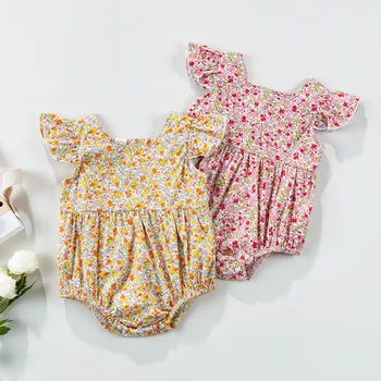 Bebek Kız Bodysuit Kolsuz Kare Boyun Çiçek Düğmeler Toddlers Gevşek Yaz Rahat Giyim