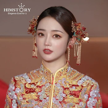 HIMSTORY Narin Çin Kırmızı Çiçek Vintage Saç Aksesuarları Cheongsam Elbise Bantlar Düğün Kafa Takı