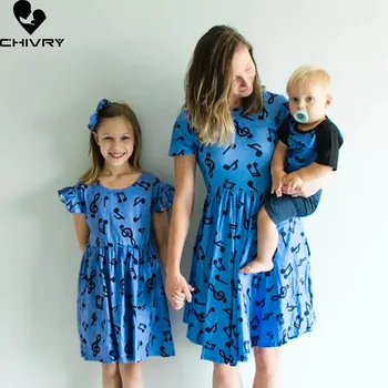 Yeni Anne Kızı Yaz Elbiseler Kısa Kollu O Boyun Müzik Not Baskı Plaj Elbise Anne Annem ve Ben Aile Eşleştirme Kıyafetler