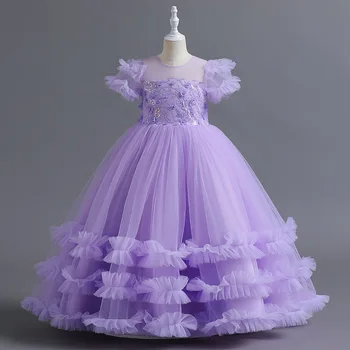 HER Kız Örgü Prenses Elbiseler Genç Zarif Balo çocuk Petal Kollu Parti Giyim Yeni Tül Elbise Çocuklar için