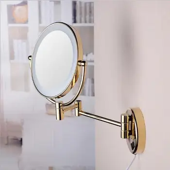 Vidric Sıcak Banyo Altın Duvara Monte 8 inç Pirinç 3X / 1X büyüteçli ayna led ışık Katlanır makyaj aynası Kozmetik Ayna Bayan