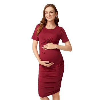 Yaz Kadın Moda Zarif hamile elbiseleri Hemşirelik Elbiseler Emzirme Pamuk Pileli Katı Tekne Boyun Gebelik Giysileri