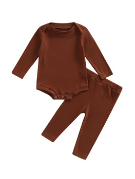 2 Adet Yenidoğan Erkek Bebek Kız Nervürlü pantolon seti Toddler Katı Uzun Kollu Romper Bodysuit Pantolon Sonbahar Kış Giysileri