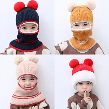 2-5years Bebek Kız Bebek Erkek Şapka Önlükler Sıcak Örme Kadife Astar kulak koruyucu Ponpon Şapka KF430