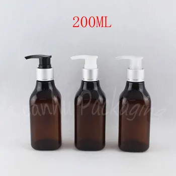 Gümüş Losyon Pompalı 200ML Kahverengi Plastik Şişe, 200CC Duş Jeli / Şampuan Alt şişeleme, Boş Kozmetik Kabı